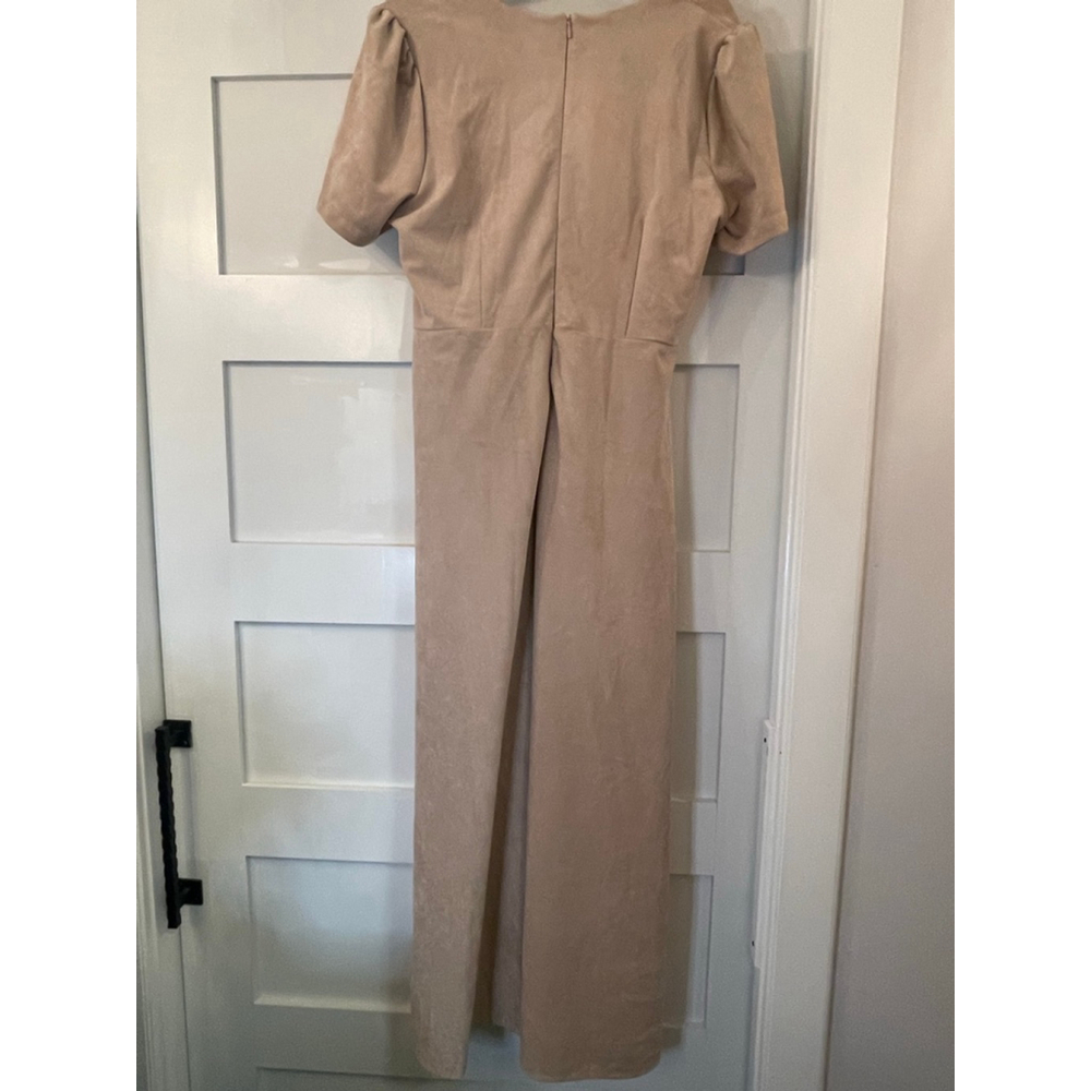 Boston Proper Draped Ruched Maxi Dress Tan Suede Look Size 12 Short Sleeve 54” L - Picture 7 of 11